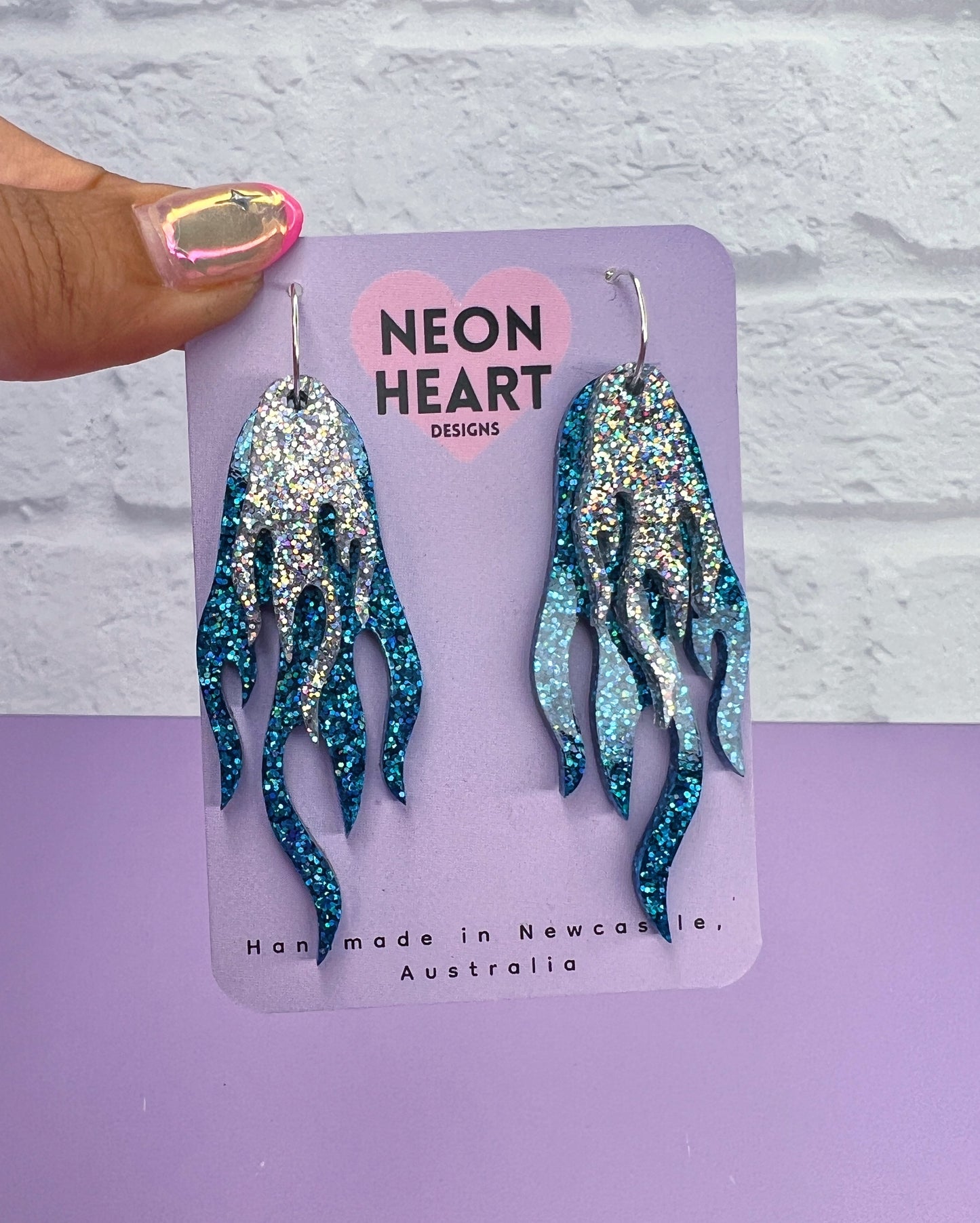 Blaze Earrings in Teal Glitter & Silver Glitter