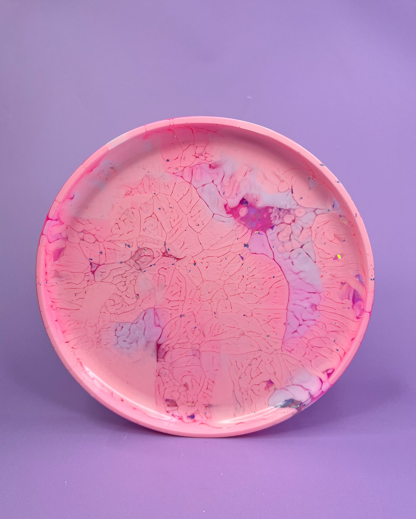 Medium Round Platter Pastel Orange, Neon Pink, White & Iridescent Flakes