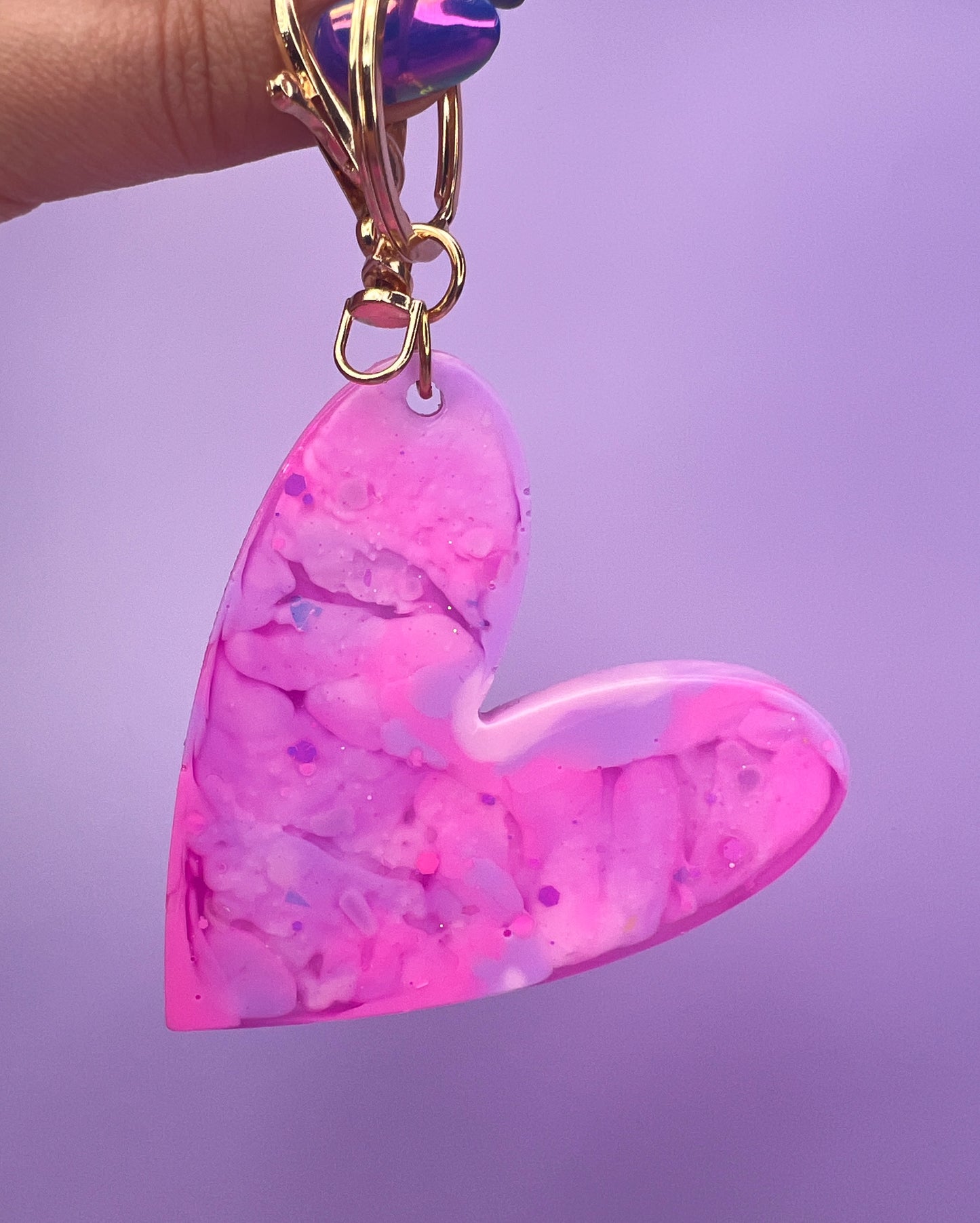 Pink, Purple & Glitter Holographic Heart Gold Keyring