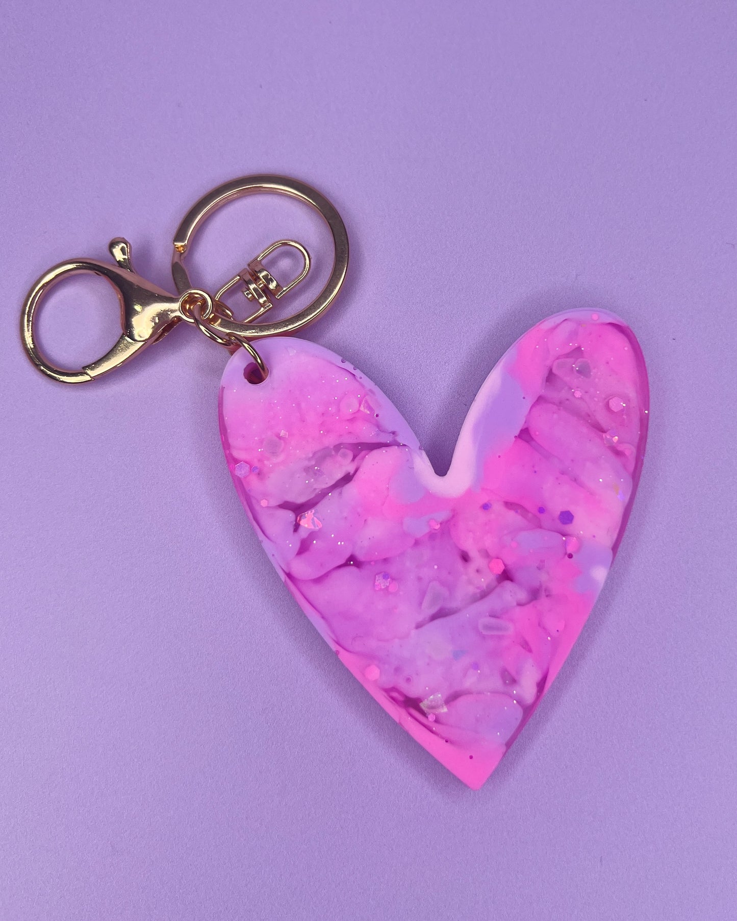 Pink, Purple & Glitter Holographic Heart Gold Keyring