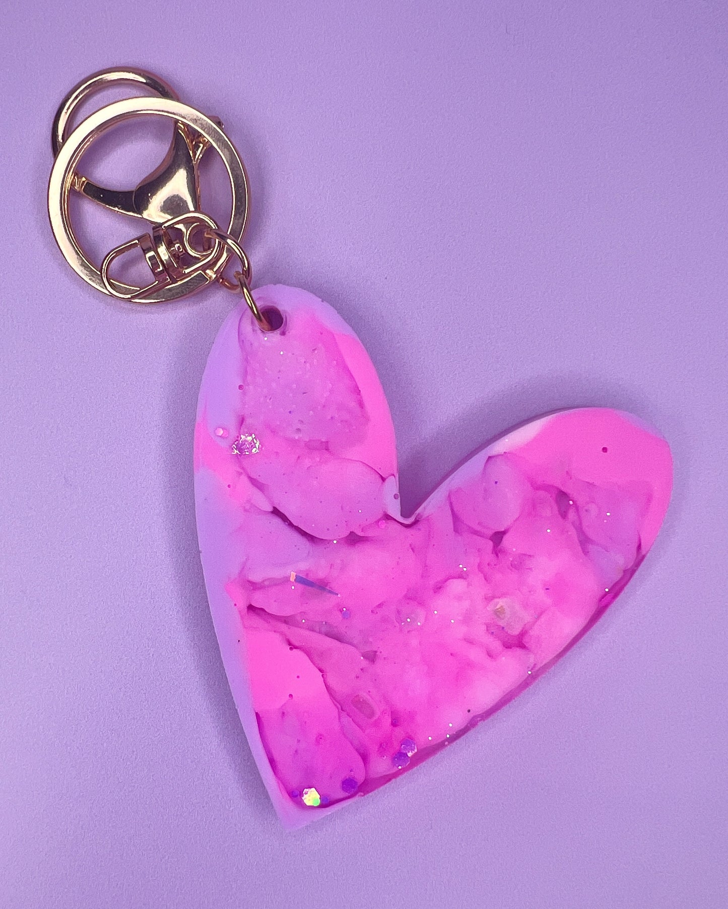 Pink, Purple & Glitter Holographic Heart Gold Keyring