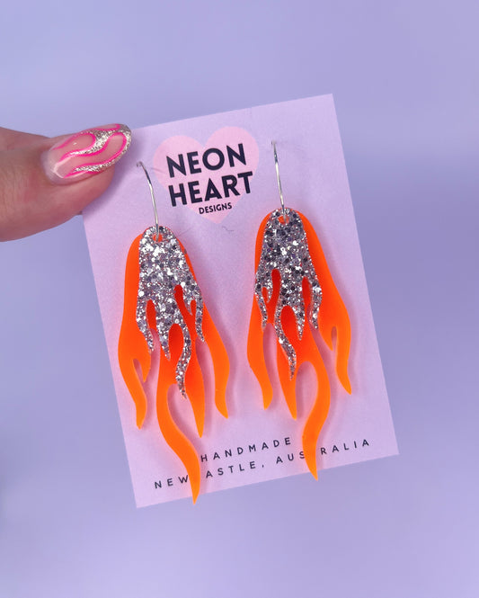 Blaze Earrings in Neon Orange & Silver Glitter