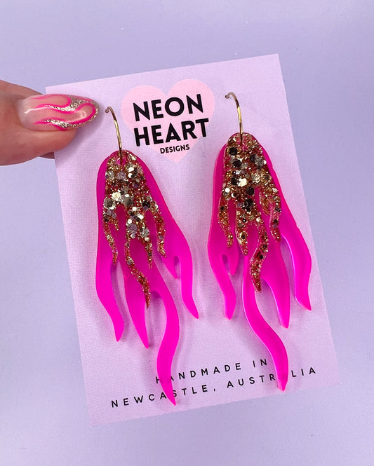 Blaze Earrings in Neon Pink & Champagne Gold